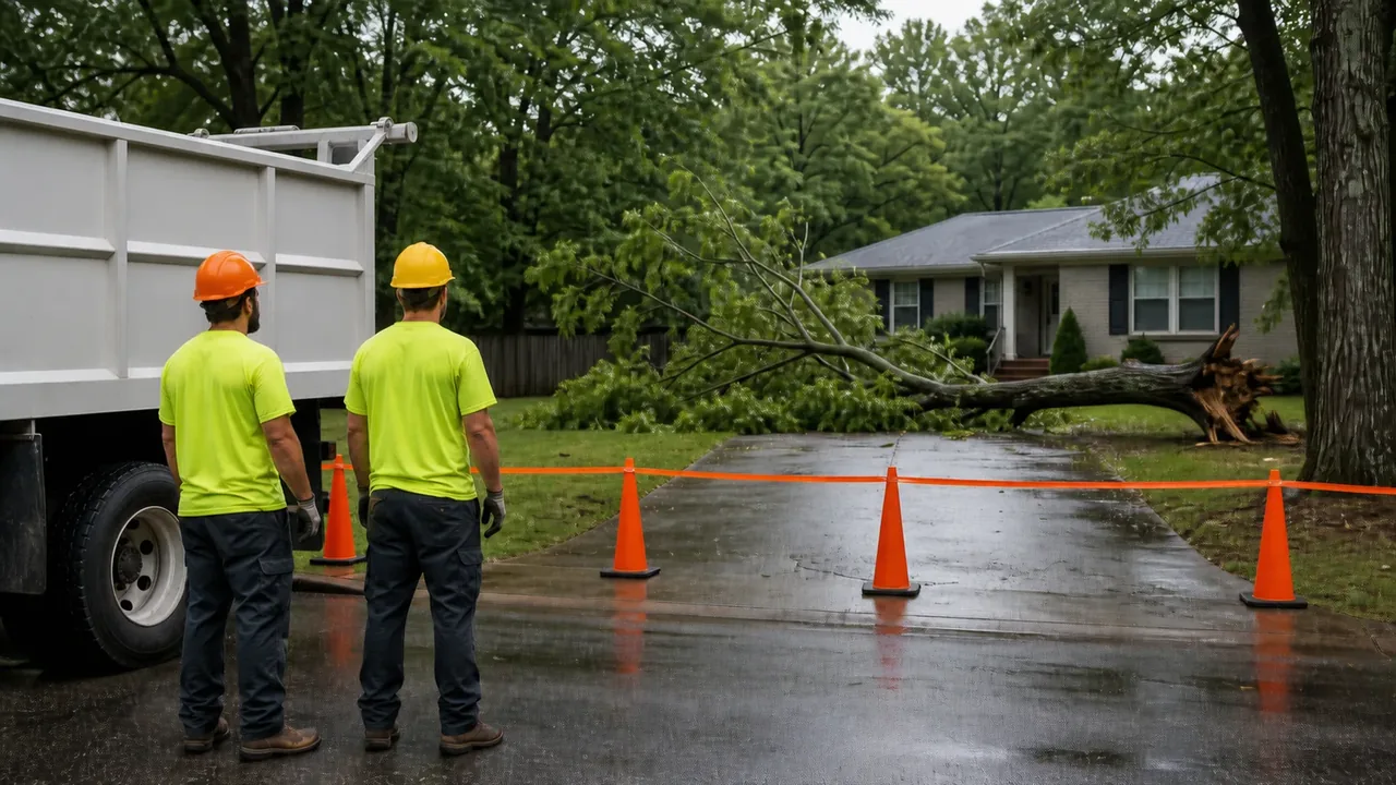 Two helmeted tree-service workers assessing a fallen tree blocking a wet residential driveway from behind an orange safety barrier.