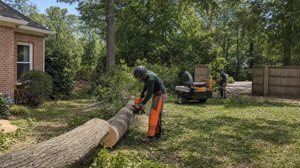 Helmeted tree-service workers cutting and clearing a grounded hardwood trunk beside an open backyard access gate.