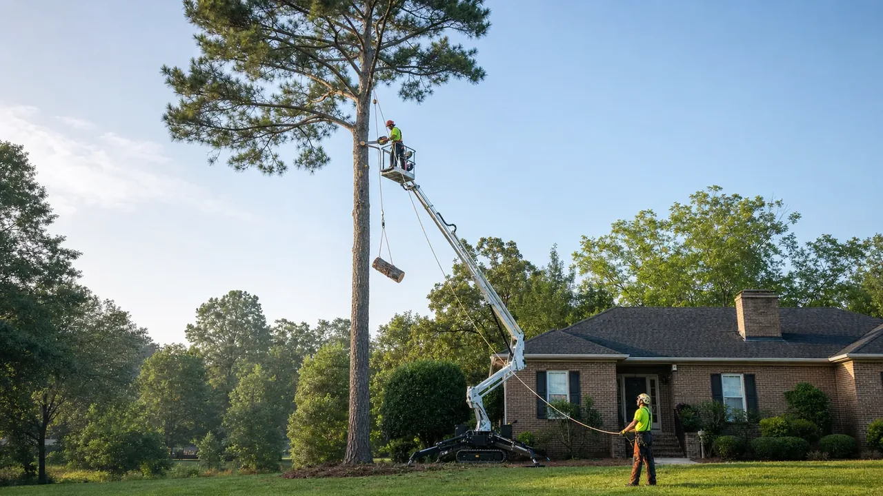 Helmeted tree-service workers using a tracked lift and controlled rope rigging to remove a pine beside a Macon-area brick home.