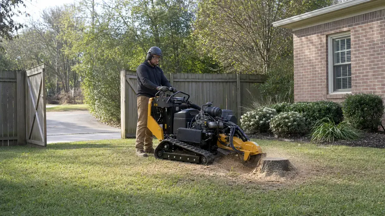 A protected operator using a compact tracked stump grinder in a Macon-area backyard with an open side gate.
