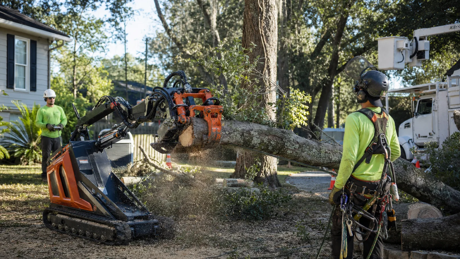 Professional arborists using a compact grapple saw to remove a large tree section in a residential yard.